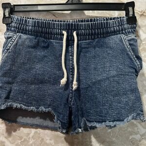 No Boundaries Denim Shorts Frayed Hem Drawstring Waist Blue‎ XS